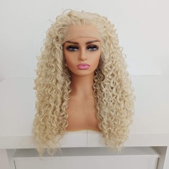 Peruka LACE FRONT platynowy blond kręcona afro + czepek GRATIS!