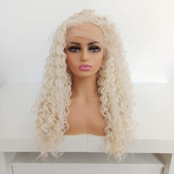 Peruka LACE FRONT biały blond kręcona afro + czepek GRATIS!