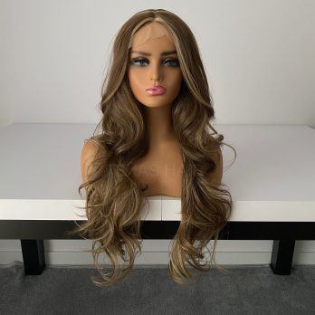 Peruka LACE FRONT brąz pasemka 55 / 80 cm + czepek GRATIS!